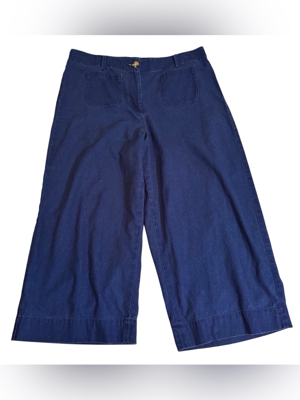 Talbots Size 14 Petite Blue Wide Leg Cropped Pants Cotton Linen Patch Pocket